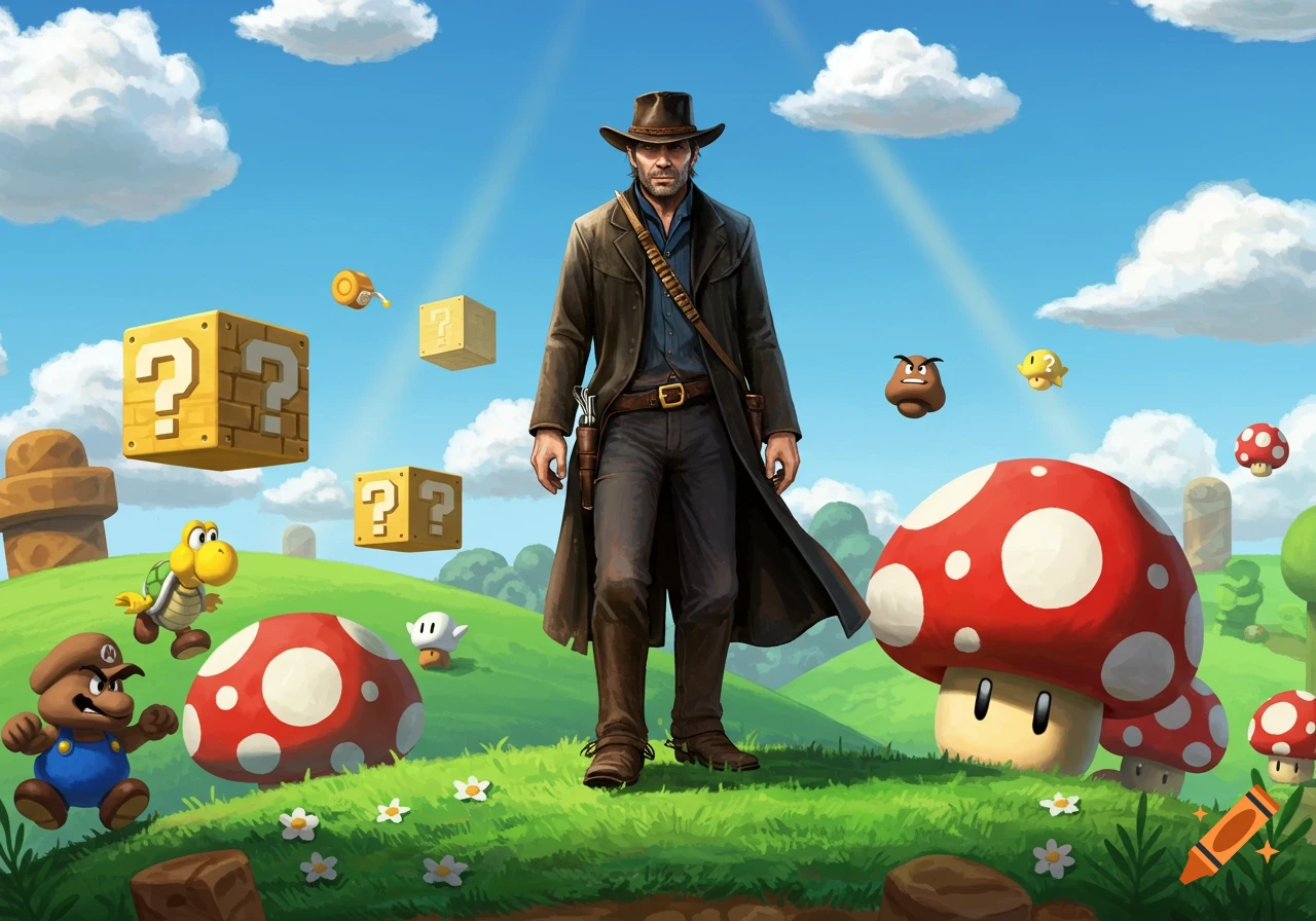 Arthur Morgan from Red Dead Redemption stands in the vibrant Super Mario Mushroom Kingdom with Goombas, Koopas, and Question Blocks.