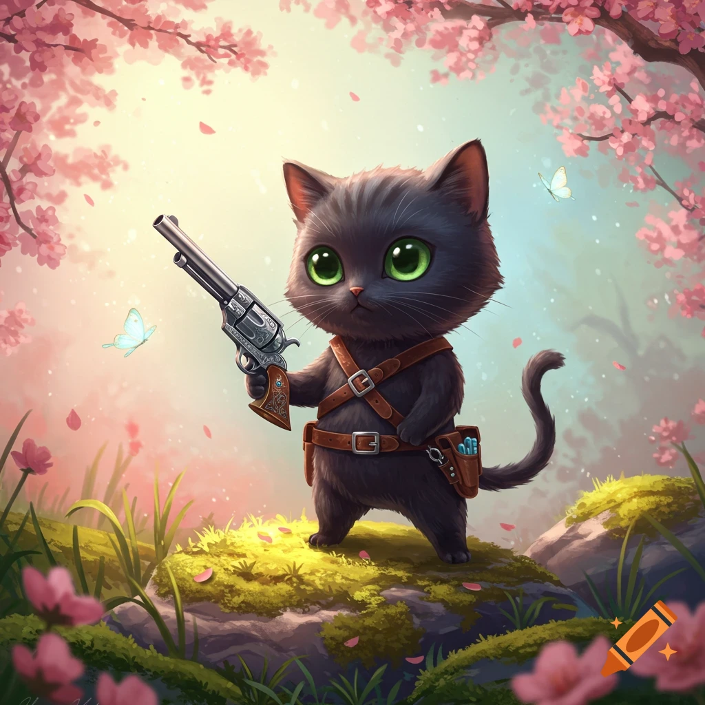 A cute, big-eyed black cat with a bandolier holds a silver revolver on a grassy hill under pink cherry blossoms and butterflies.
