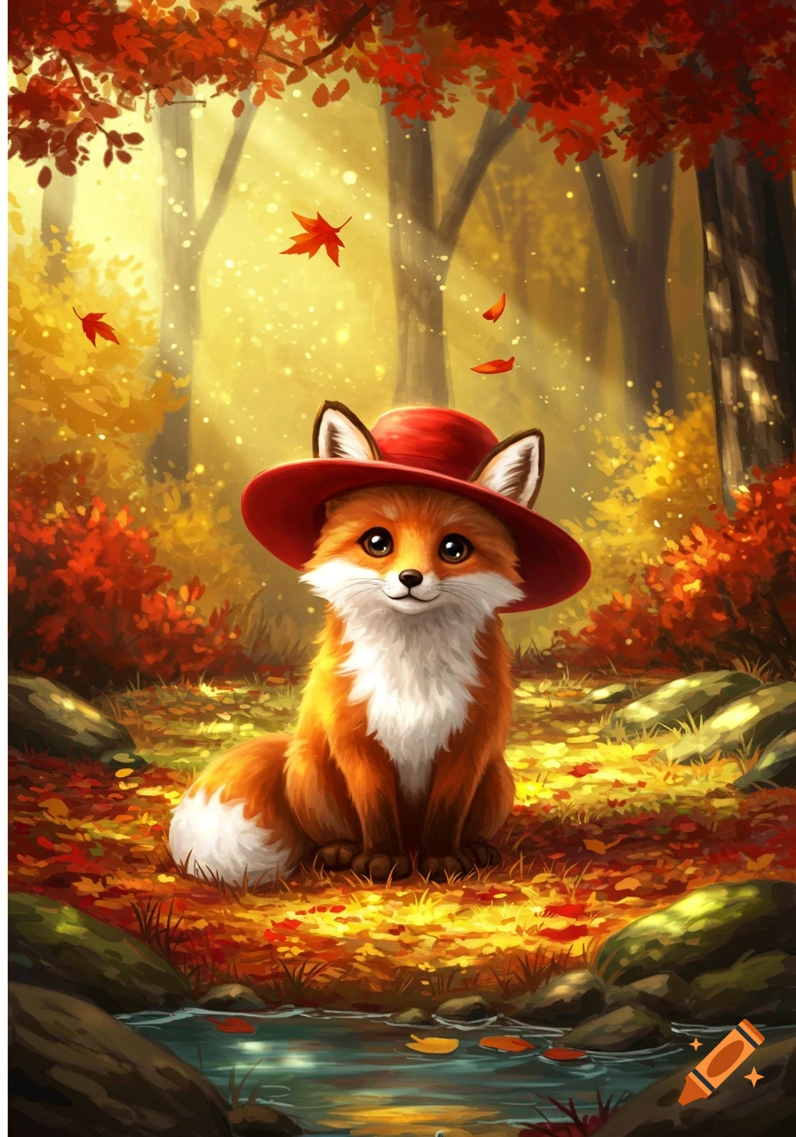 A cute cartoon fox with a red hat sits smiling in a vibrant autumn forest with red and orange leaves and a small stream.