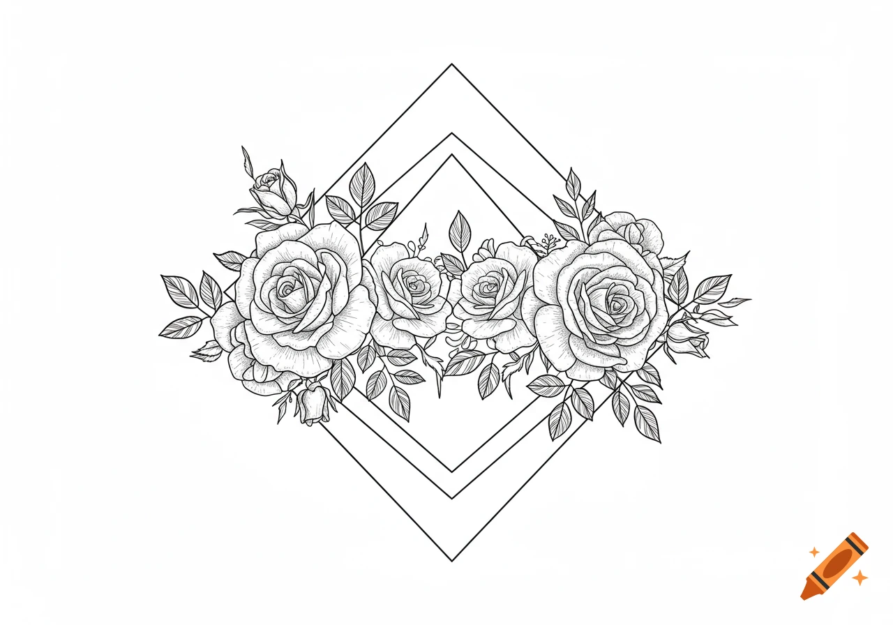 Black and white line drawing of roses and leaves within a double diamond border.