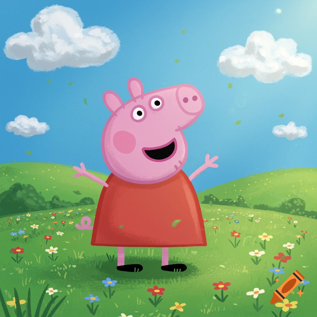 Peppa Pig smiles, standing in a vibrant green meadow filled with colorful flowers under a blue sky with fluffy white clouds.