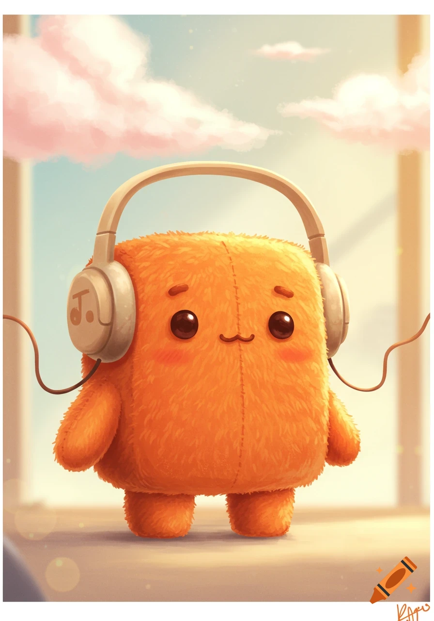 A cute, fluffy orange square character with tan headphones featuring a music note, set against a soft, warm, cloudy sky.