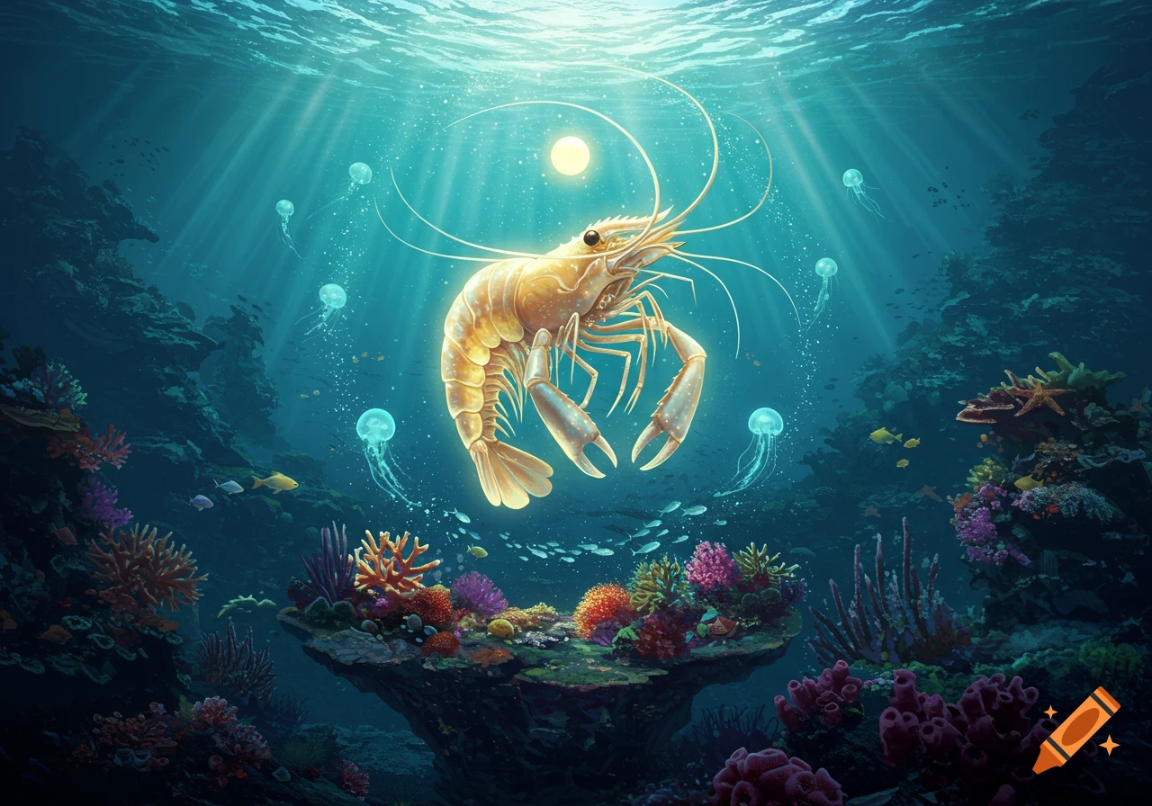 A giant glowing shrimp floats majestically amidst colorful coral reefs, surrounded by jellyfish and small fish in a sunlit underwater scene.