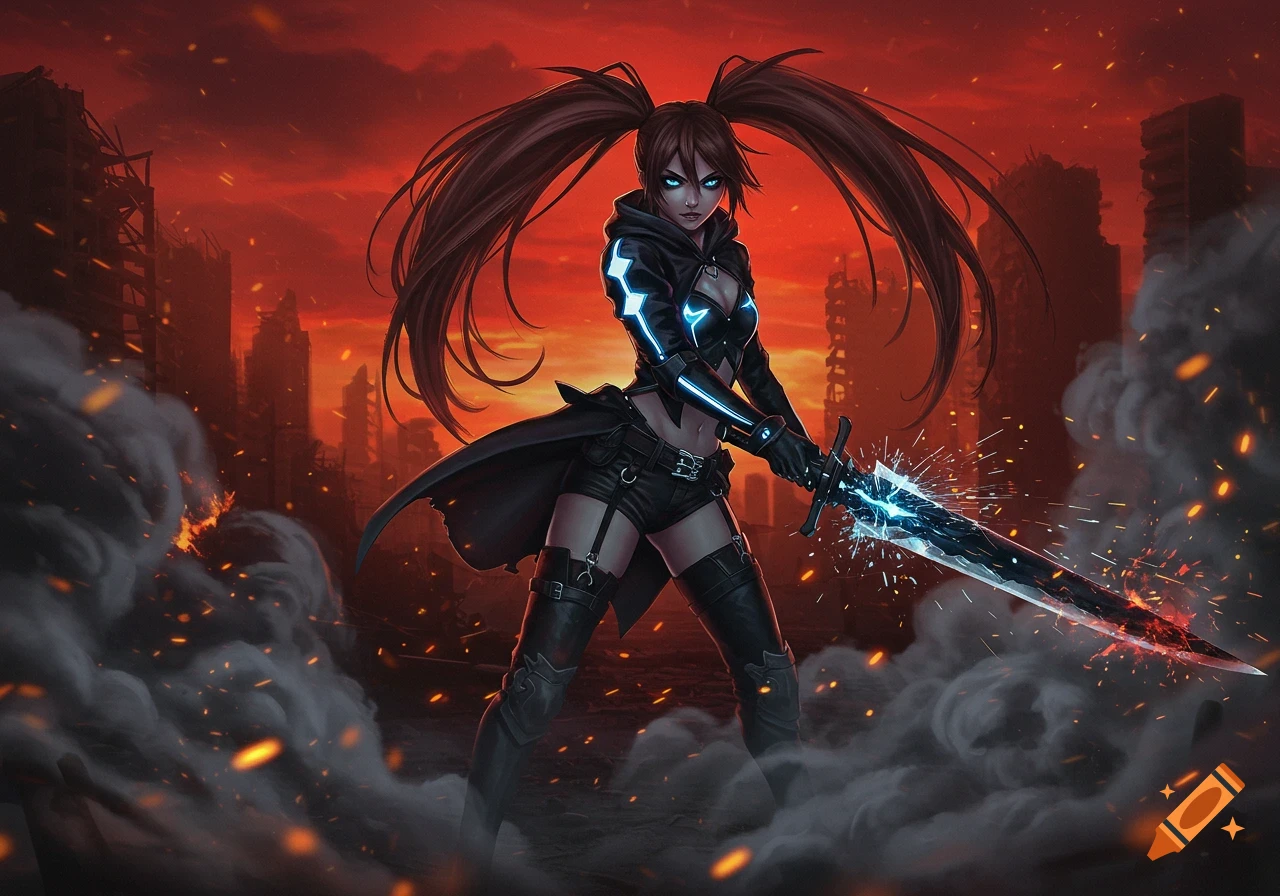 An anime character, Black Rock Shooter, in a destroyed city under a red sky, holding a glowing blue sword amid smoke and embers.