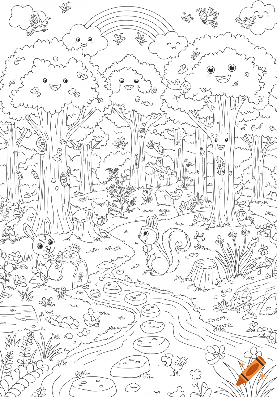 Whimsical black and white coloring page of a forest with smiling trees, clouds, a rainbow, a bunny, a squirrel, and birds.