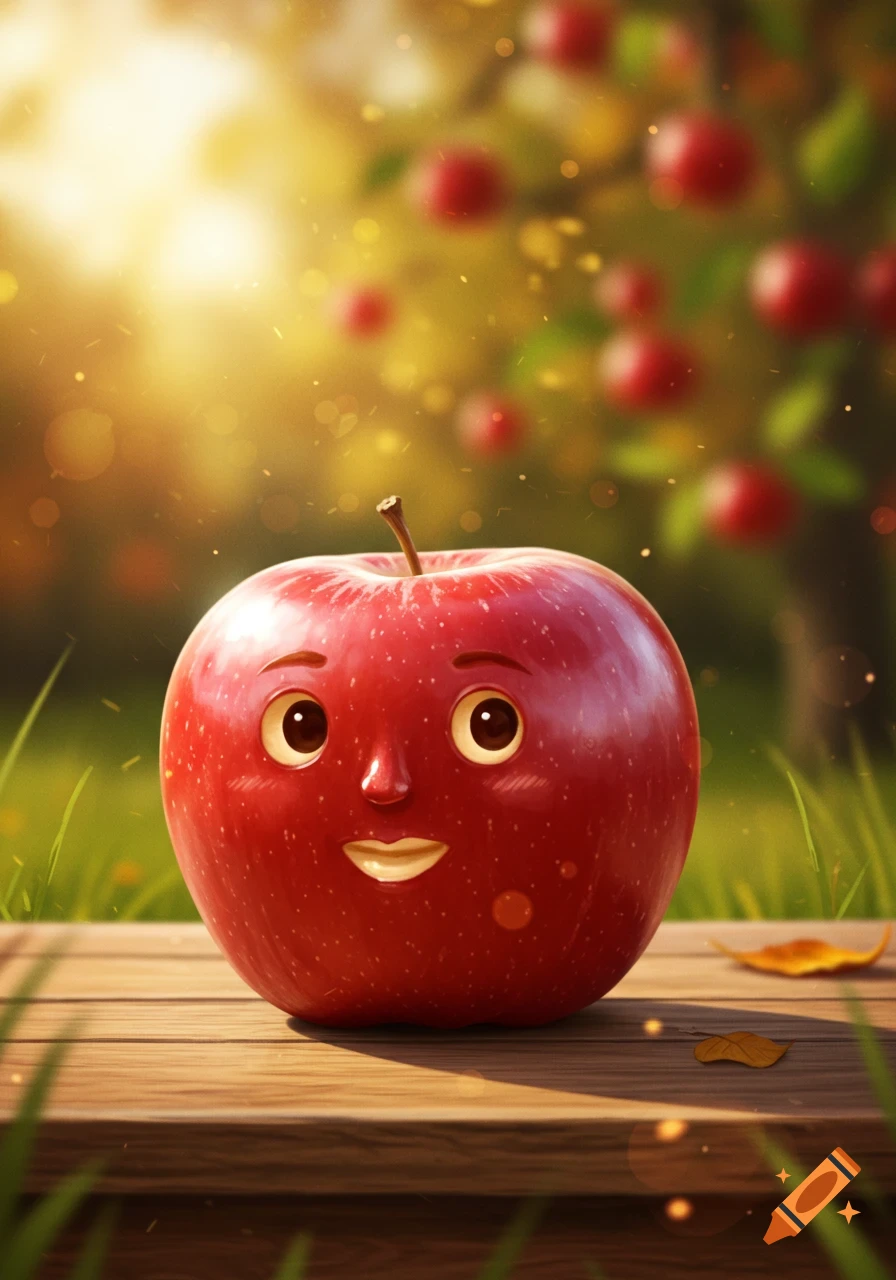 A bright red apple with a friendly cartoon face smiles on a wooden table, with a blurry, sunny apple orchard in the background.