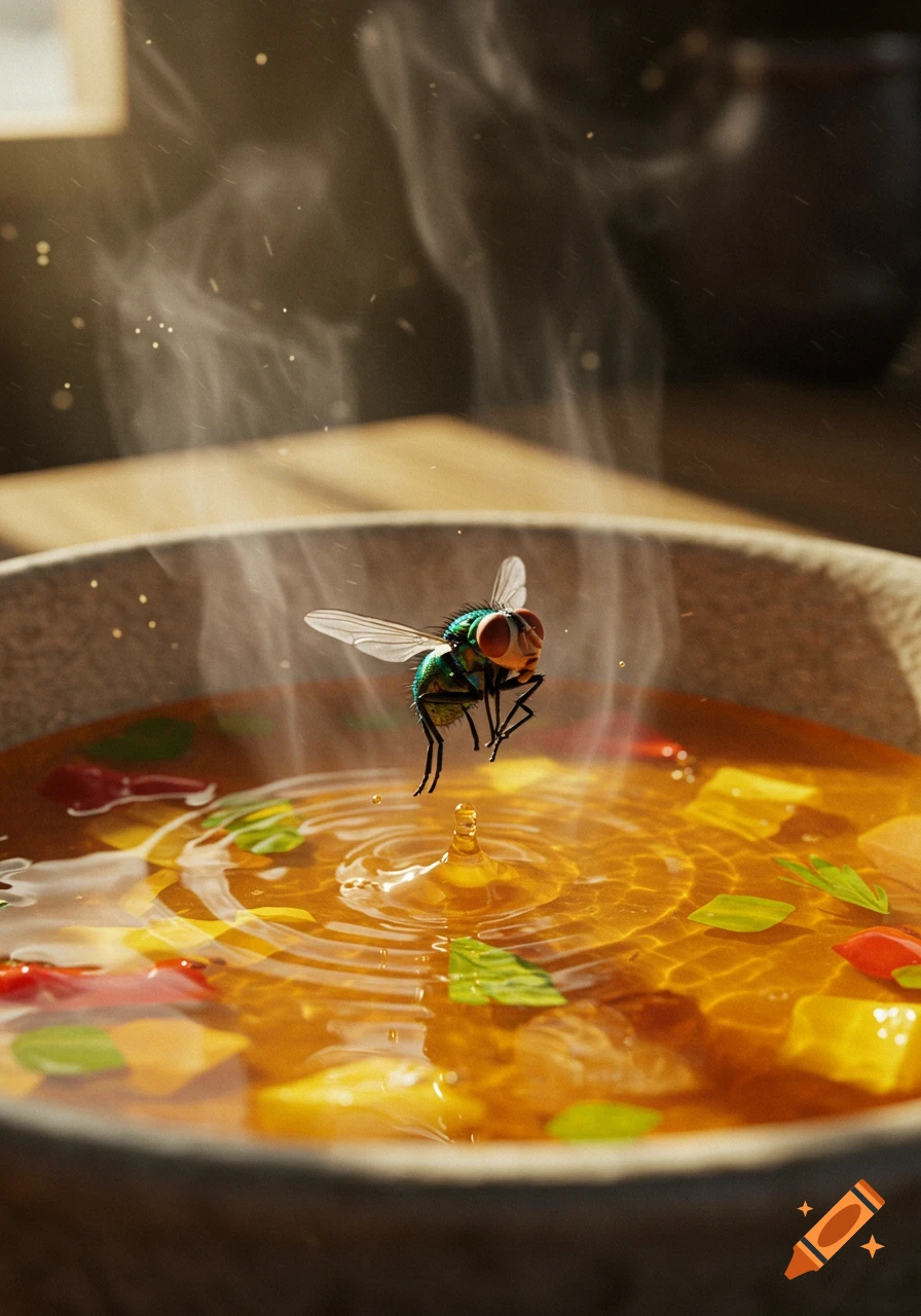 A photorealistic green fly hovers above a droplet in a steaming bowl of hot soup with vegetables.