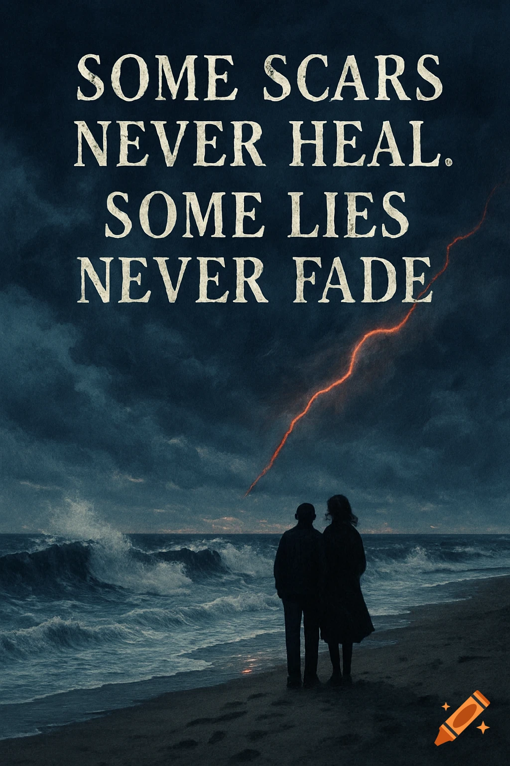 Two people stand on a stormy beach under dark skies with a red lightning bolt and the quote 'Some scars never heal. Some lies never fade.' above them.