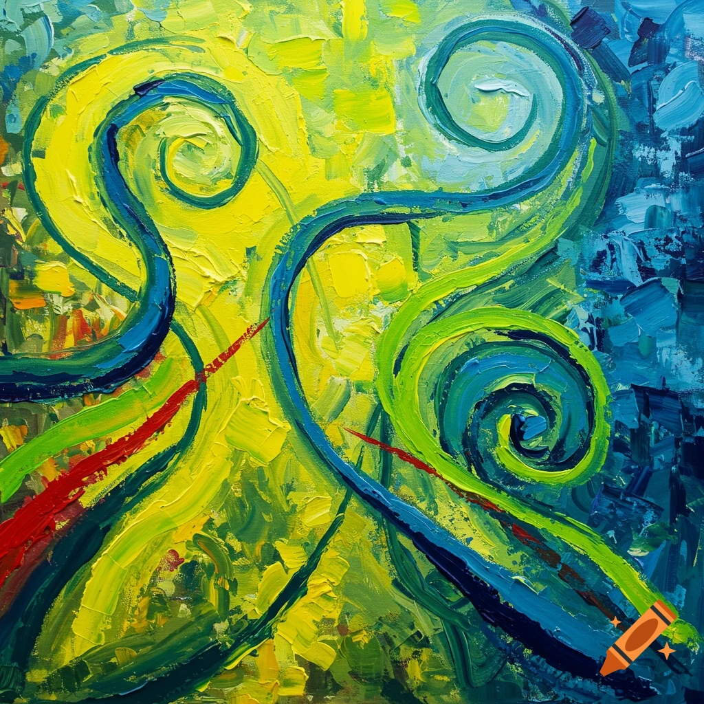 Vibrant abstract oil painting with yellow, green, and blue swirling impasto brushstrokes and red accents.