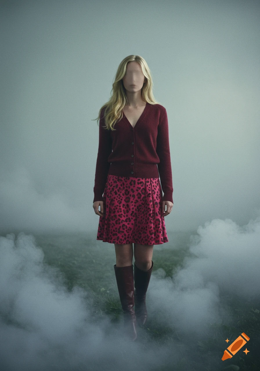 Blonde woman with a blank face in a red cardigan and pink leopard-print skirt, standing in a foggy, eerie landscape.