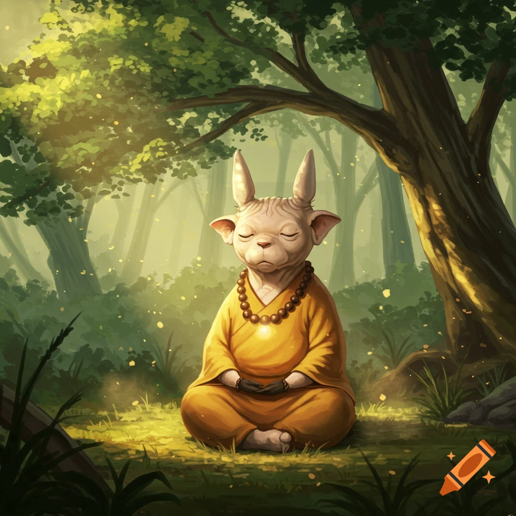 Hairless, cat-like creature with horns wearing an orange monk's robe and beaded necklace, meditating in a sunny forest.