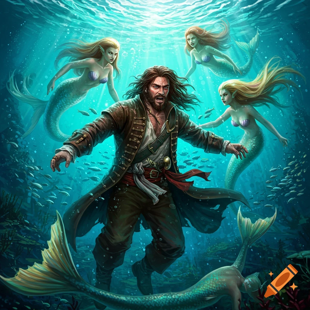 A long-haired pirate in a coat is surrounded by mermaids underwater in a detailed fantasy illustration.