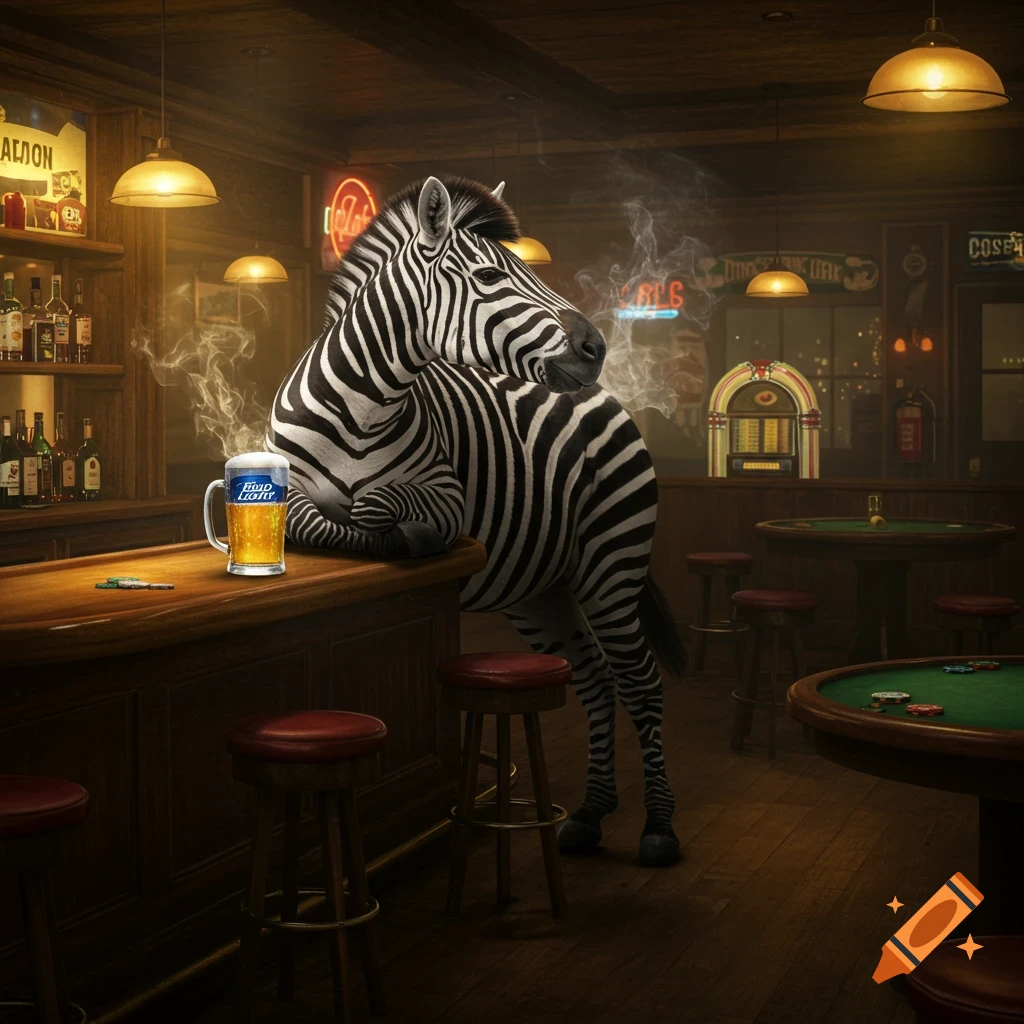A photorealistic zebra leans on a bar next to a Bud Light beer mug in a dark, smoky bar setting with a jukebox.