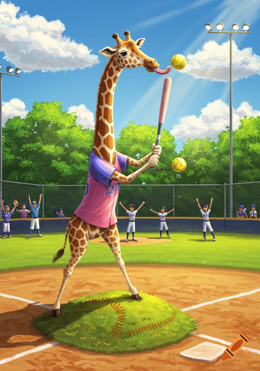 Cartoon giraffe in a baseball uniform bats a softball on a sunny field.