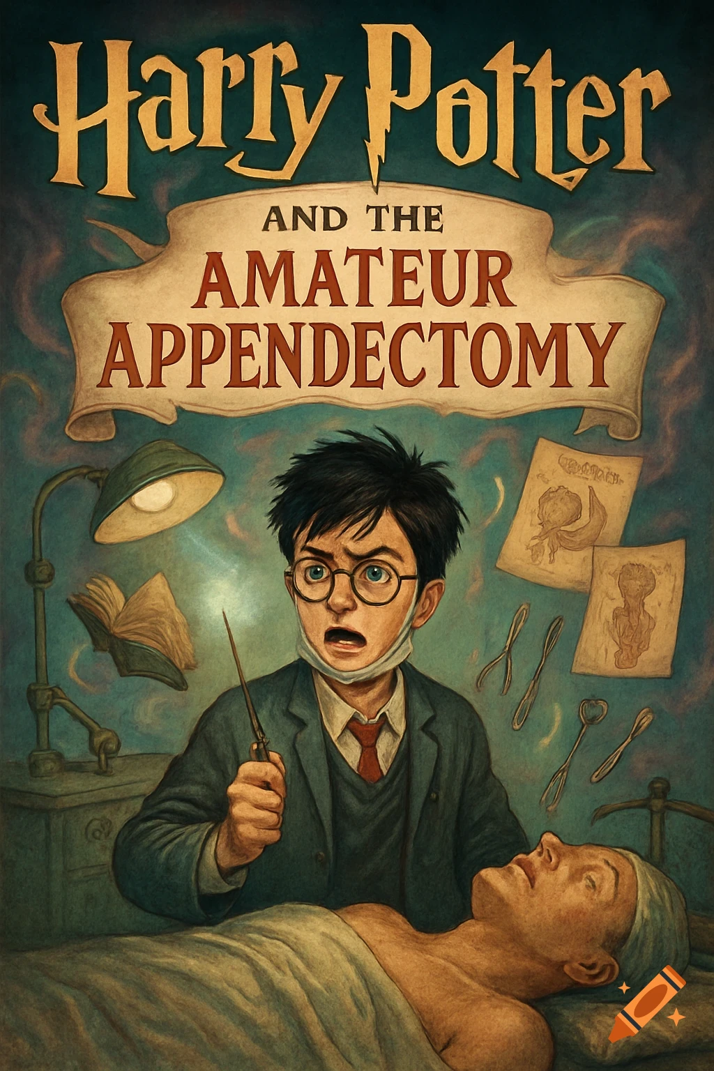 Illustration of Harry Potter about to perform an appendectomy on a patient, with the title 'Harry Potter and the Amateur Appendectomy' on a book cover.