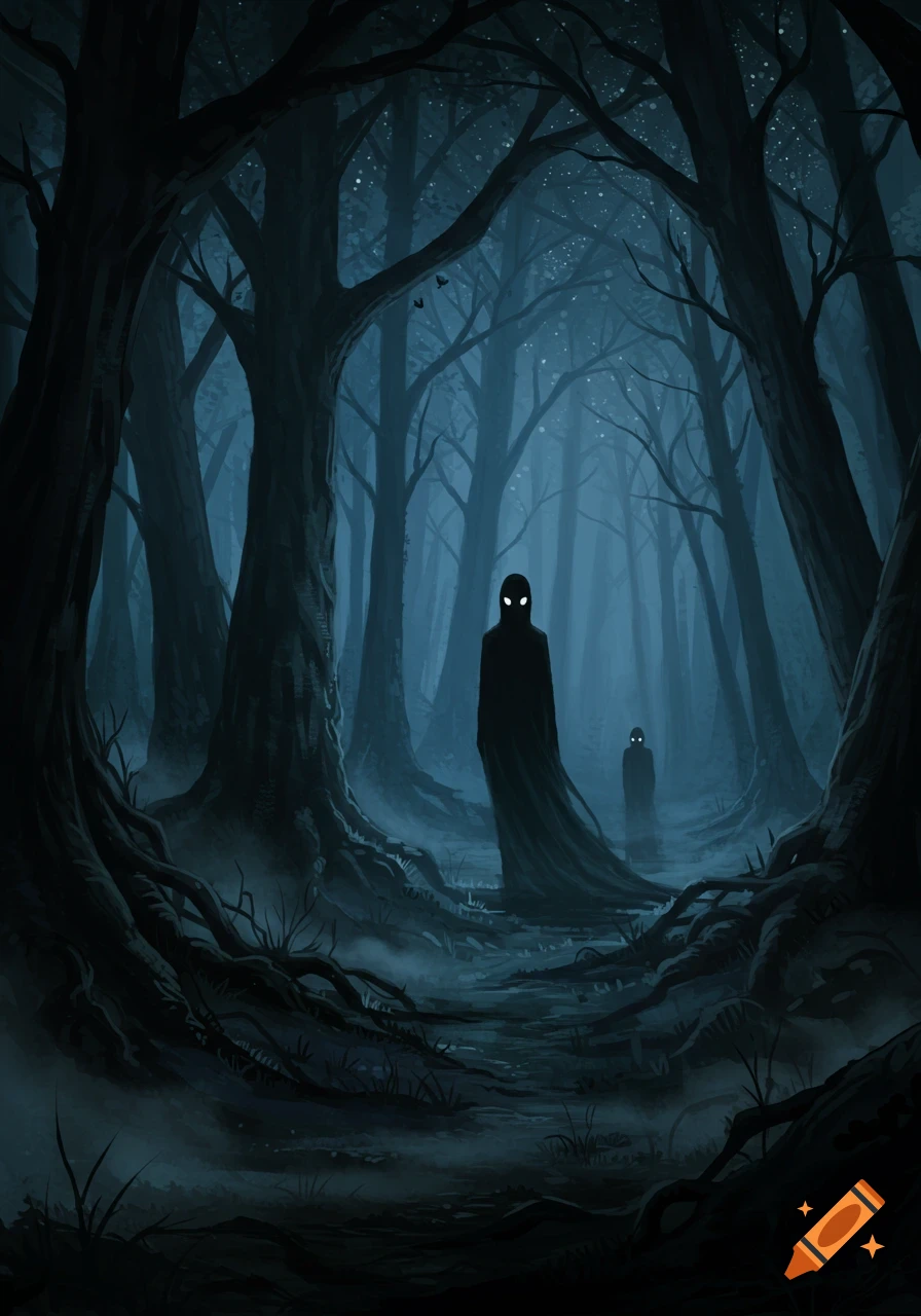 Two dark, cloaked figures with glowing eyes stand on a misty path in a spooky, moonlit forest, digital painting.