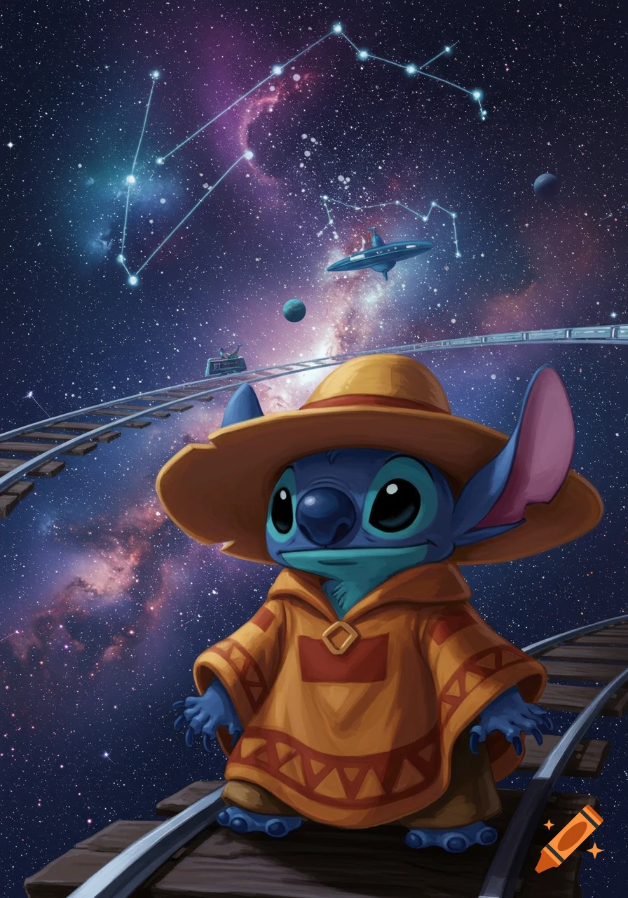 Stitch in a yellow poncho and hat stands on train tracks in a vibrant outer space scene with stars, planets, and a spaceship.