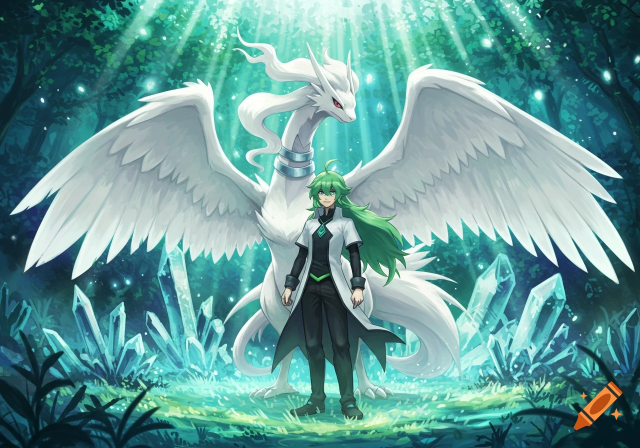 N and Reshiram stand in a vibrant forest with glowing crystals, depicted in an anime illustration style.