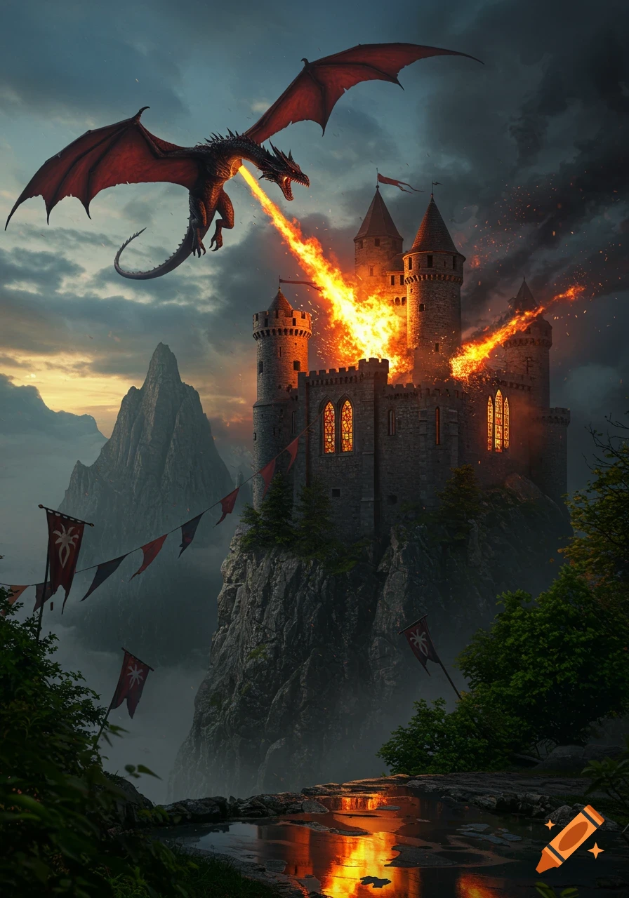 A red dragon breathes fire upon a stone castle perched on a rocky cliff, set against a dramatic sky at sunset.