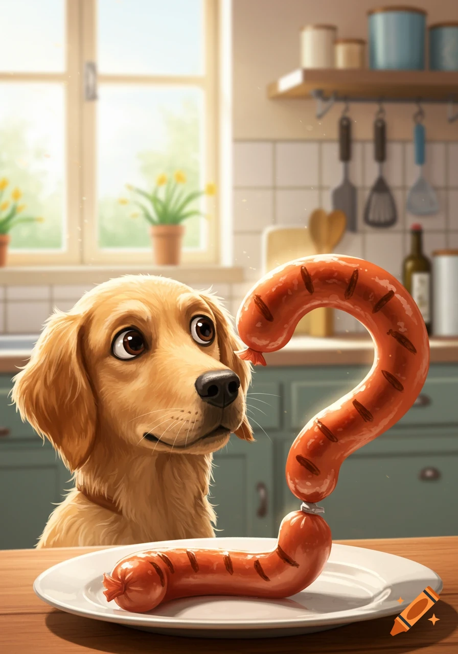 An illustrated golden retriever dog in a kitchen looks curiously at a sausage shaped like a question mark, with another sausage on a plate.