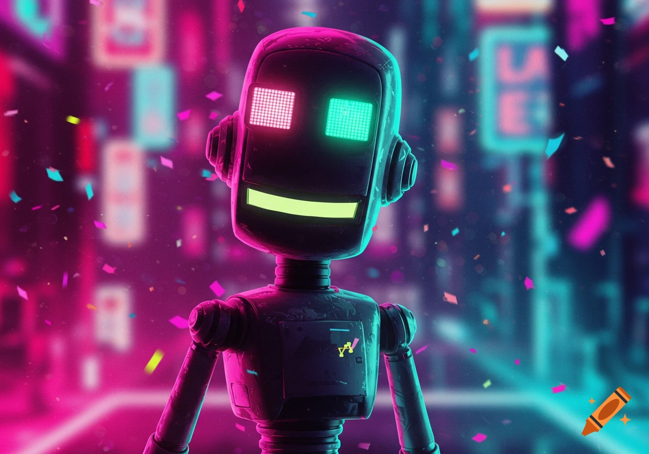 Close-up of a humanoid robot with glowing pink and green eyes and mouth, surrounded by confetti in a blurred neon cyberpunk city.