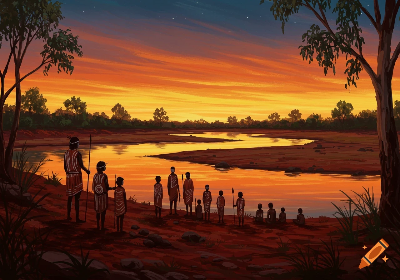 An illustration of Aboriginal people standing and sitting by a river at sunset, in a vibrant orange and blue landscape.