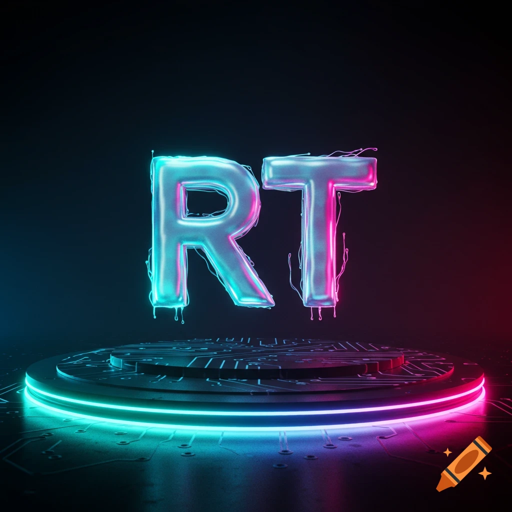 Glowing metallic letters 'RT' with dripping neon cyan and magenta light over a dark, futuristic circuit platform.