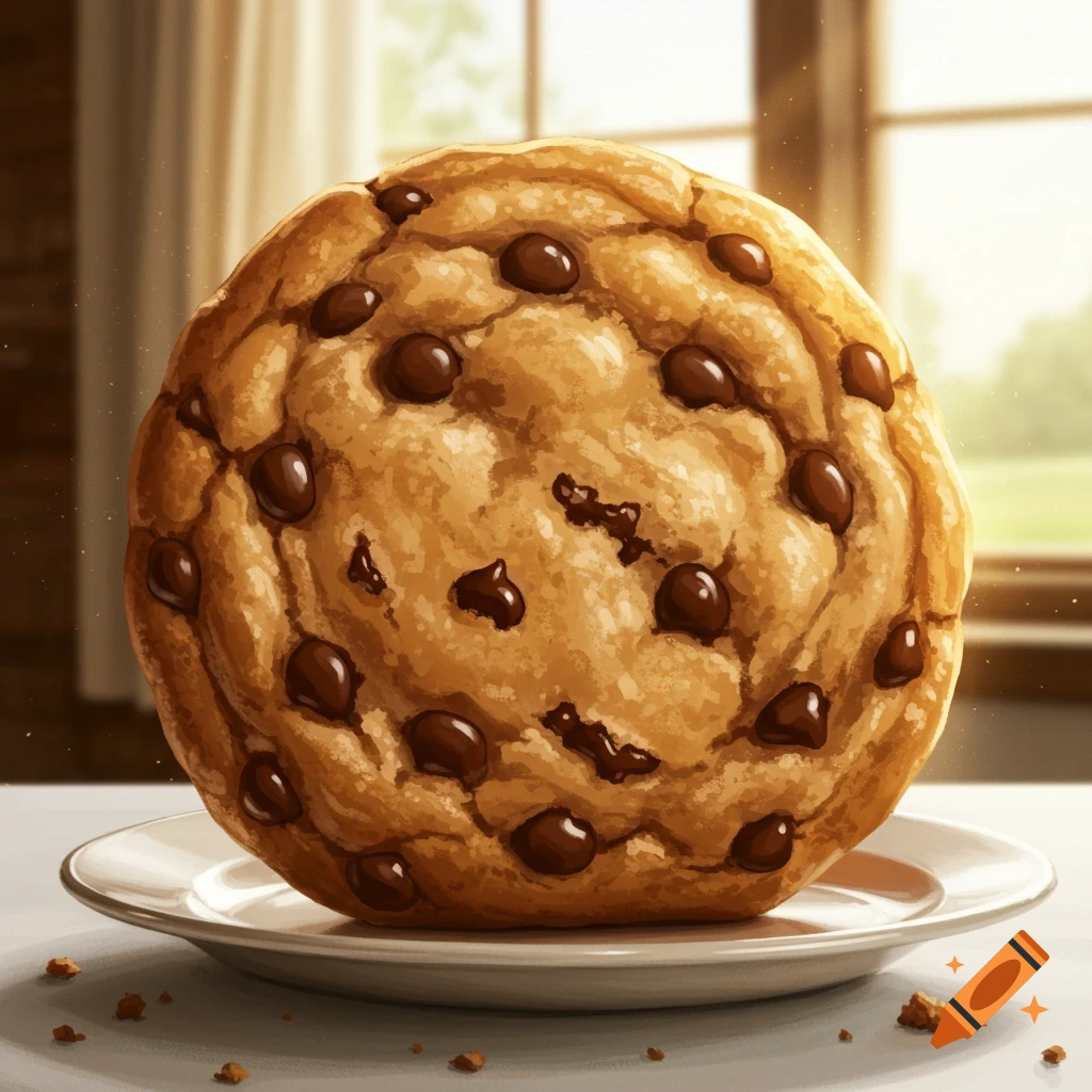 A giant, detailed chocolate chip cookie on a white plate, with a sunlit window in the blurred background.