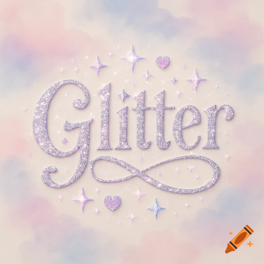 The word Glitter in shiny purple glitter with stars and hearts on a pastel watercolor background.