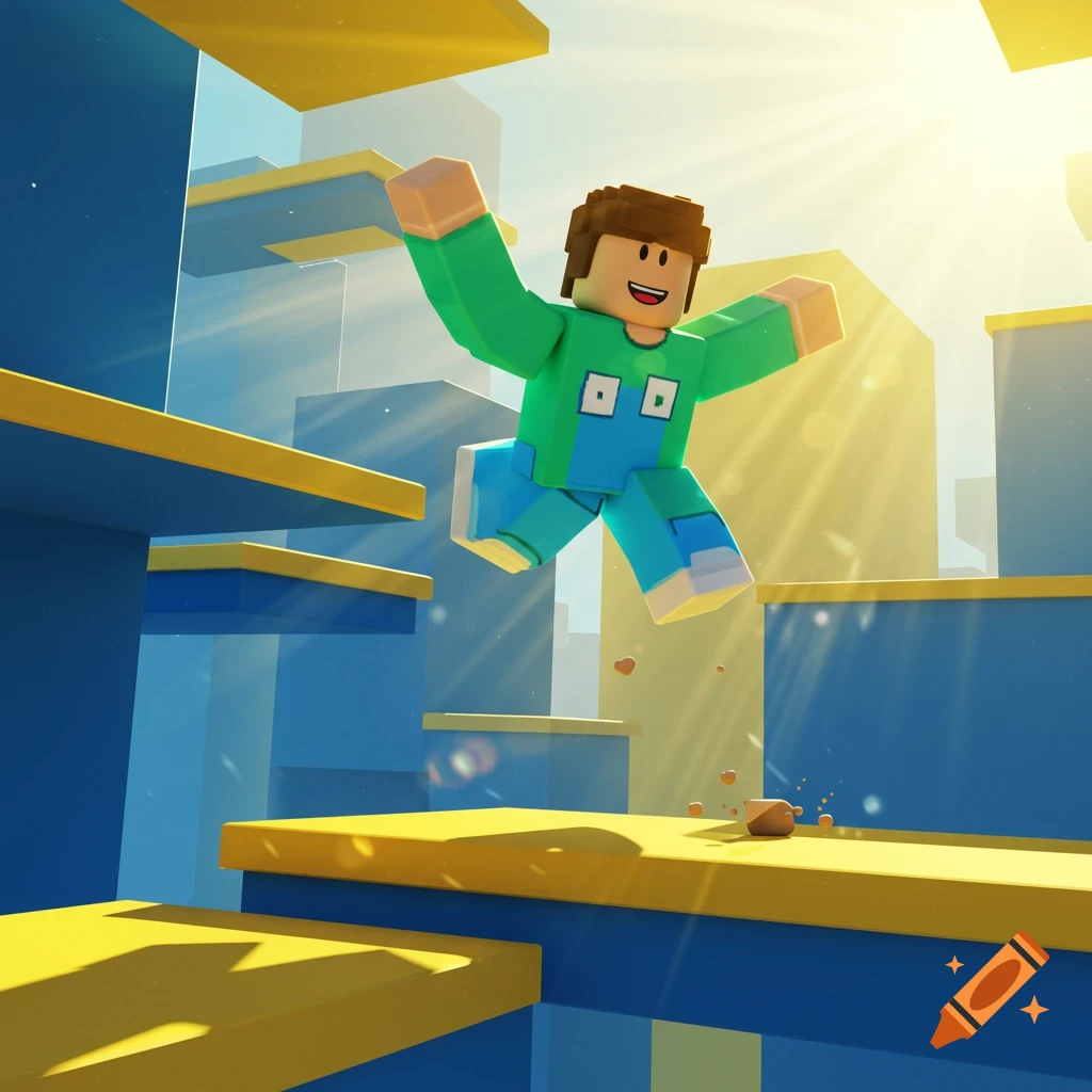 A blocky, cartoon character in a green shirt and blue pants jumps between yellow and blue geometric platforms in a sunny, stylized city landscape.