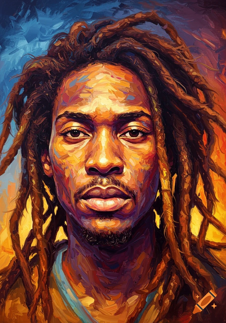Close-up oil painting of a person with dreadlocks, rendered with vivid, colorful brushstrokes and an abstract style.