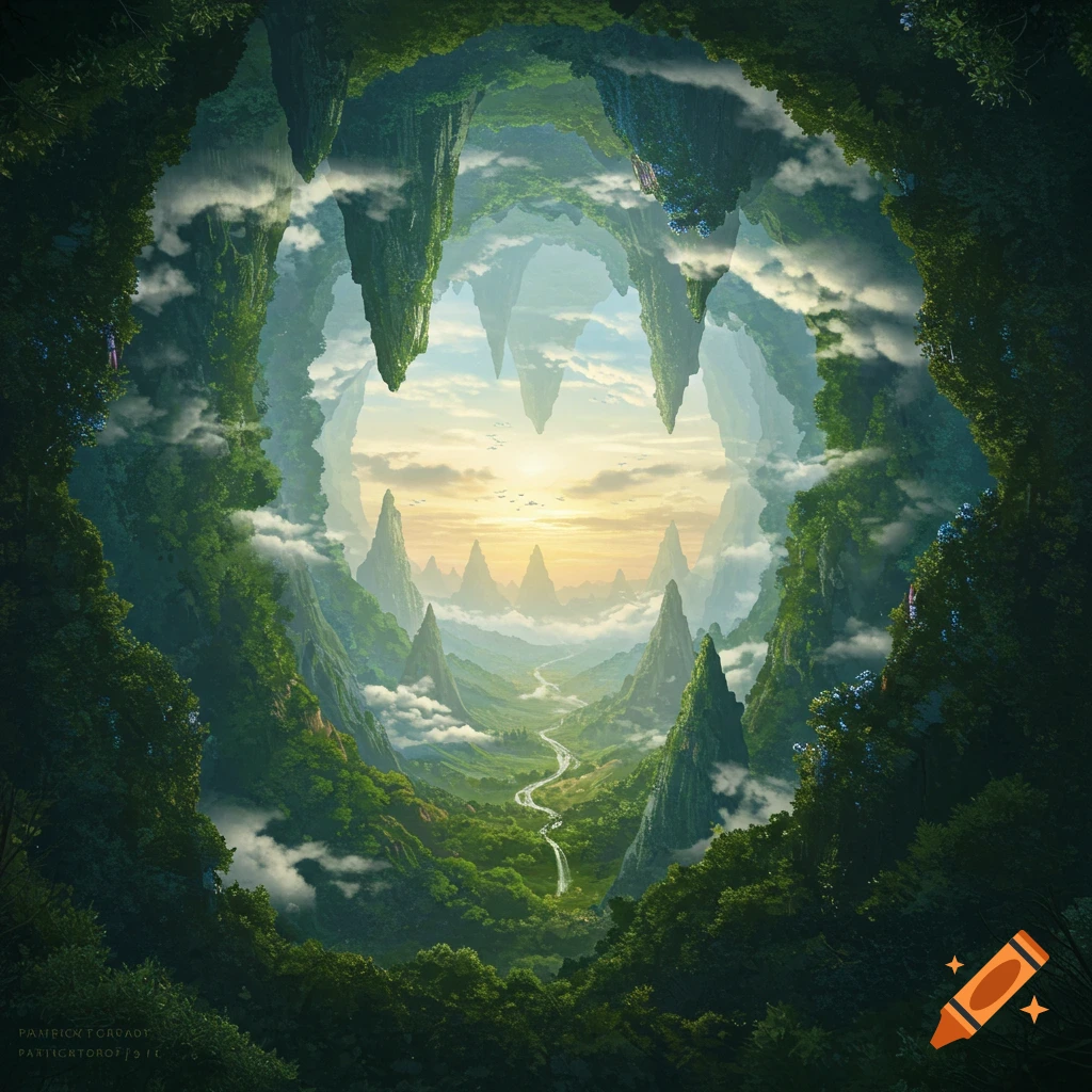 Fantasy landscape of an inverted valley with lush green mountains, a winding river, and a bright sunset.