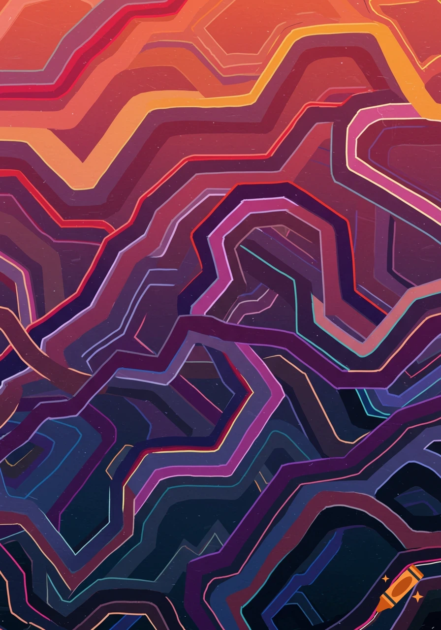 Abstract pattern of colorful, layered zigzag lines in shades of orange, red, purple, and blue.