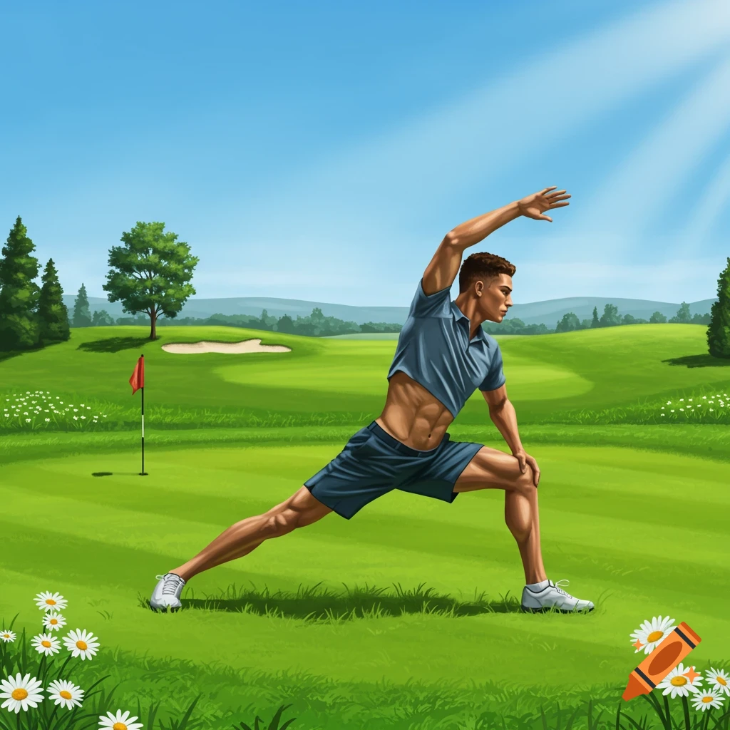 Muscular man stretching on a sunny golf course, with trees and daisies in a vibrant illustration style.