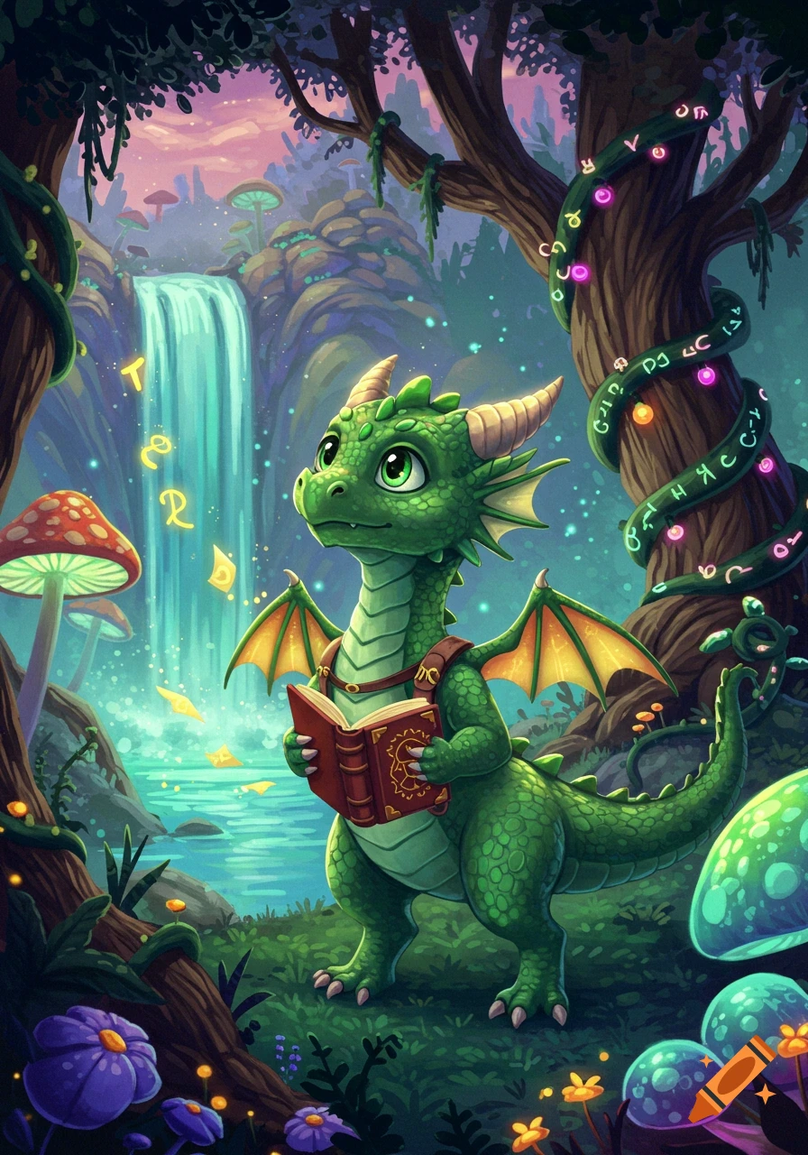 A cute green dragon with horns and small wings holds an open book, standing in a magical forest with a waterfall, glowing mushrooms, and luminous vines.