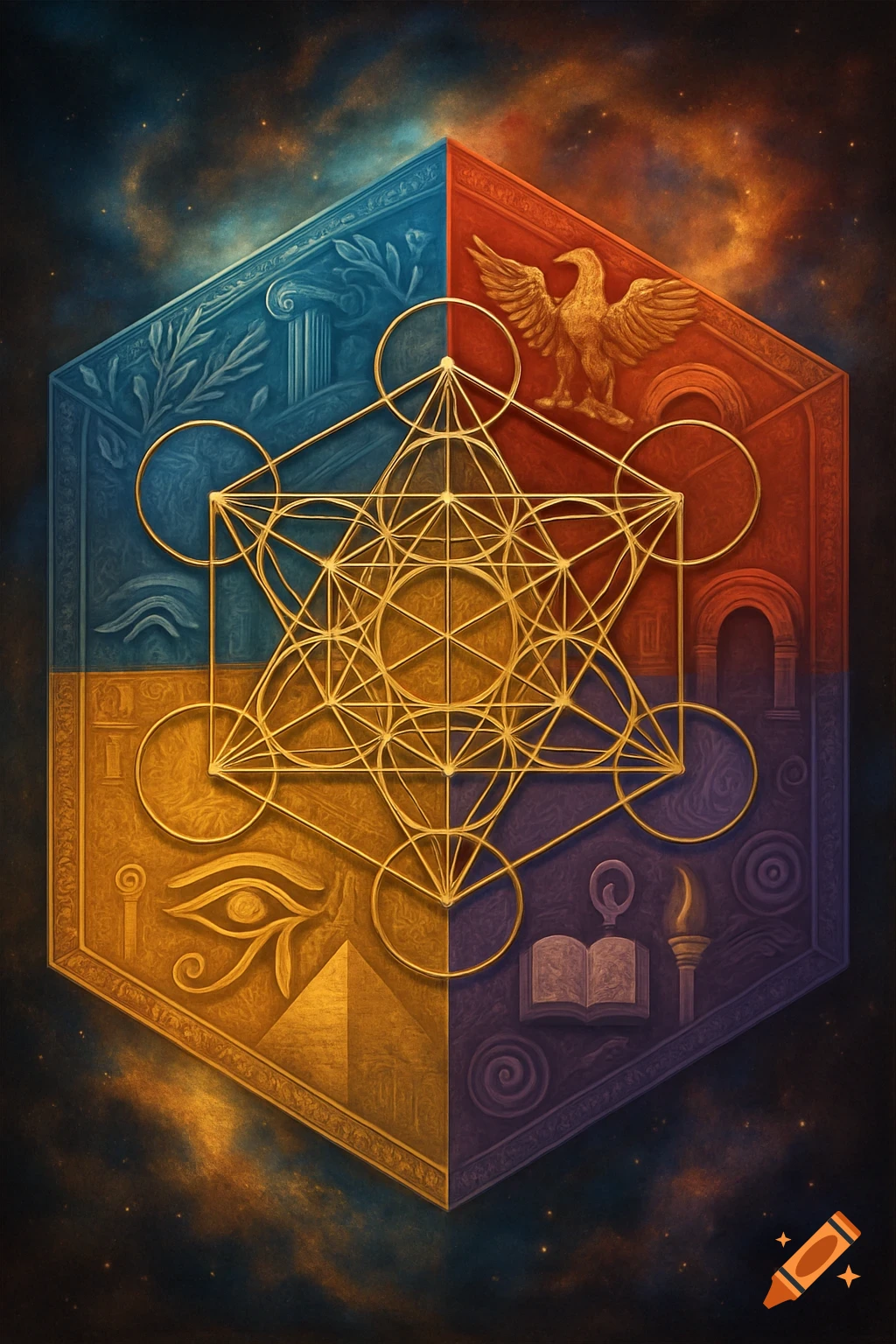 A Metatron's Cube overlaid on a hexagonal background divided into four colored sections representing Ancient Greece, Rome, Egypt, and School of Thought, with corresponding golden symbols and a starry backdrop.