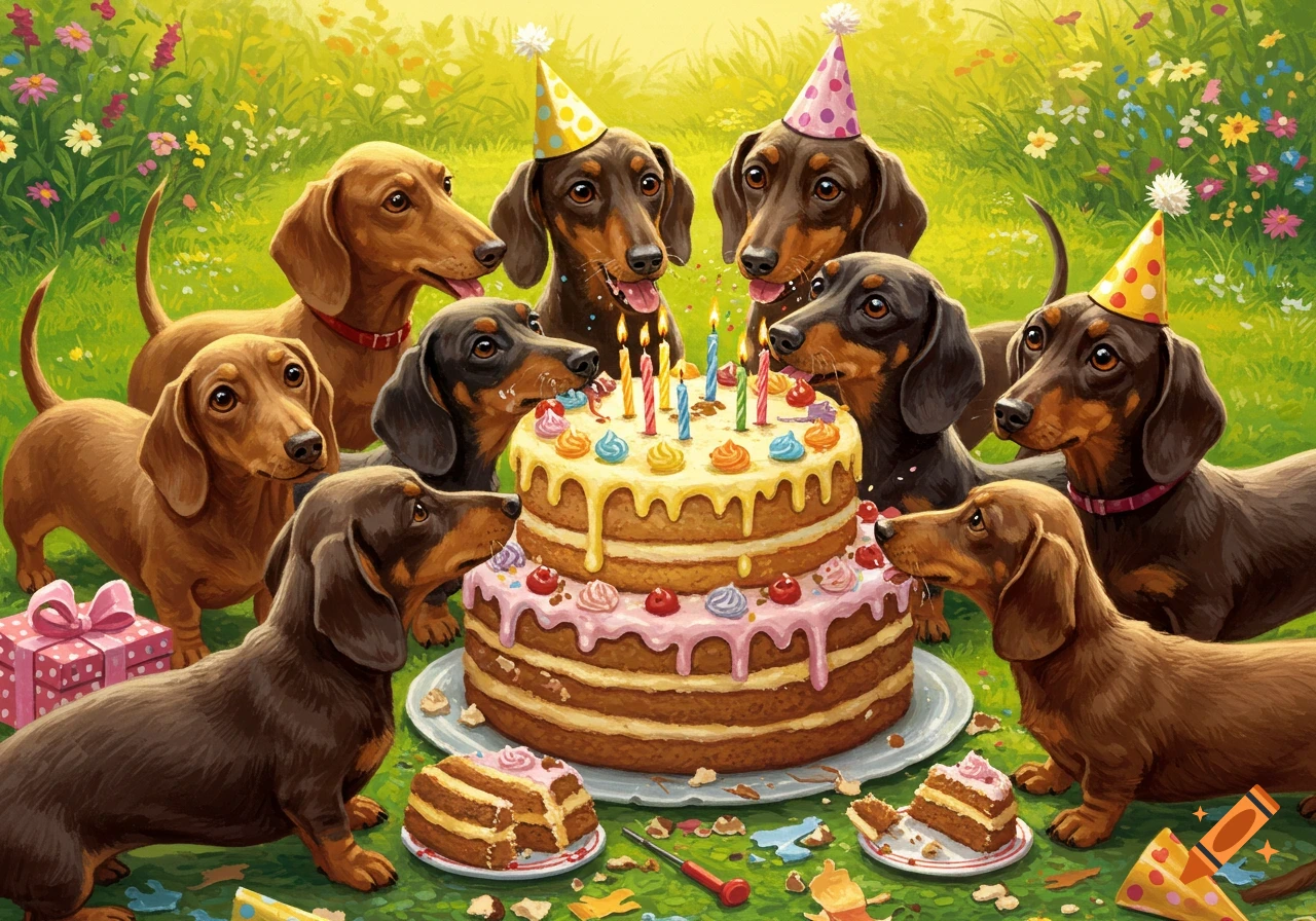 Illustrated scene of many cheerful wiener dogs gathered around a large birthday cake with lit candles in a grassy, flowery field.