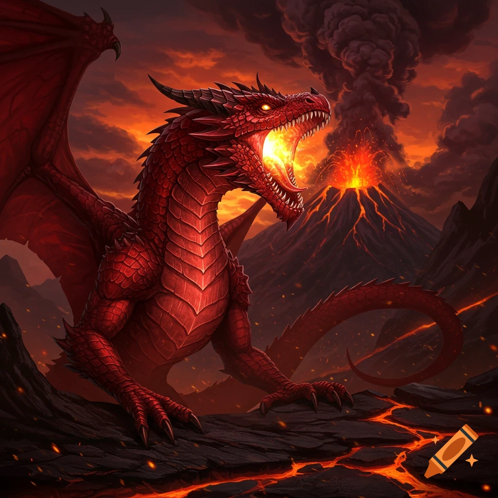 A fierce red dragon roars, breathing fire, with an erupting volcano in the background under an orange sky.