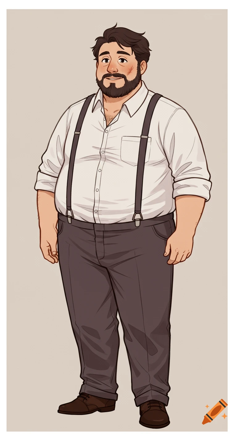 A friendly, plump man with dark hair and a beard, wearing a white shirt, suspenders, and dark pants in a simple anime style.