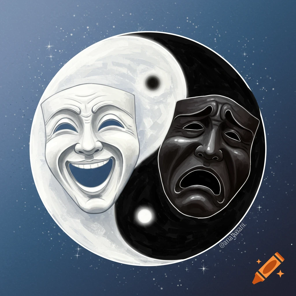 Illustration of a Yin and Yang symbol featuring a white comedy mask and a black tragedy mask on a starry blue background.