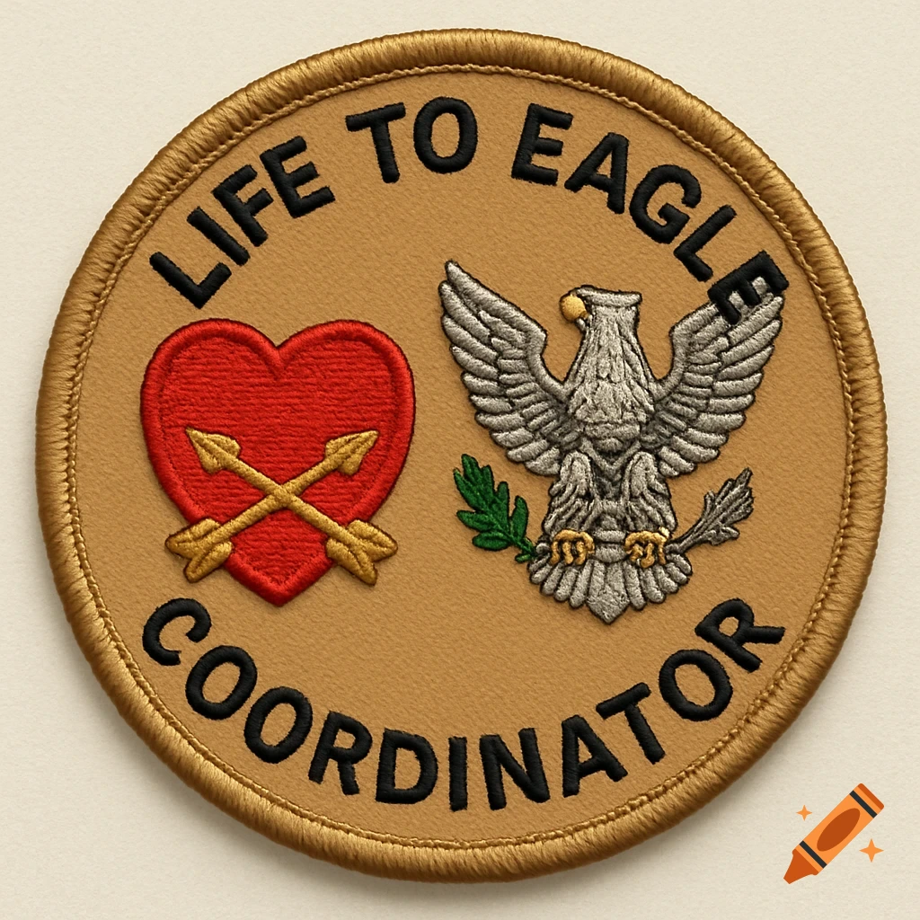 Tan embroidered patch with black text LIFE TO EAGLE COORDINATOR, a red heart with crossed gold arrows, and a silver eagle clutching branches.