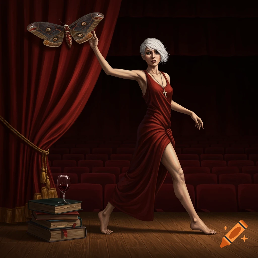 A short-haired woman in a red dress holds a large moth on a theater stage, with books and a wine glass beside her. Oil painting style.
