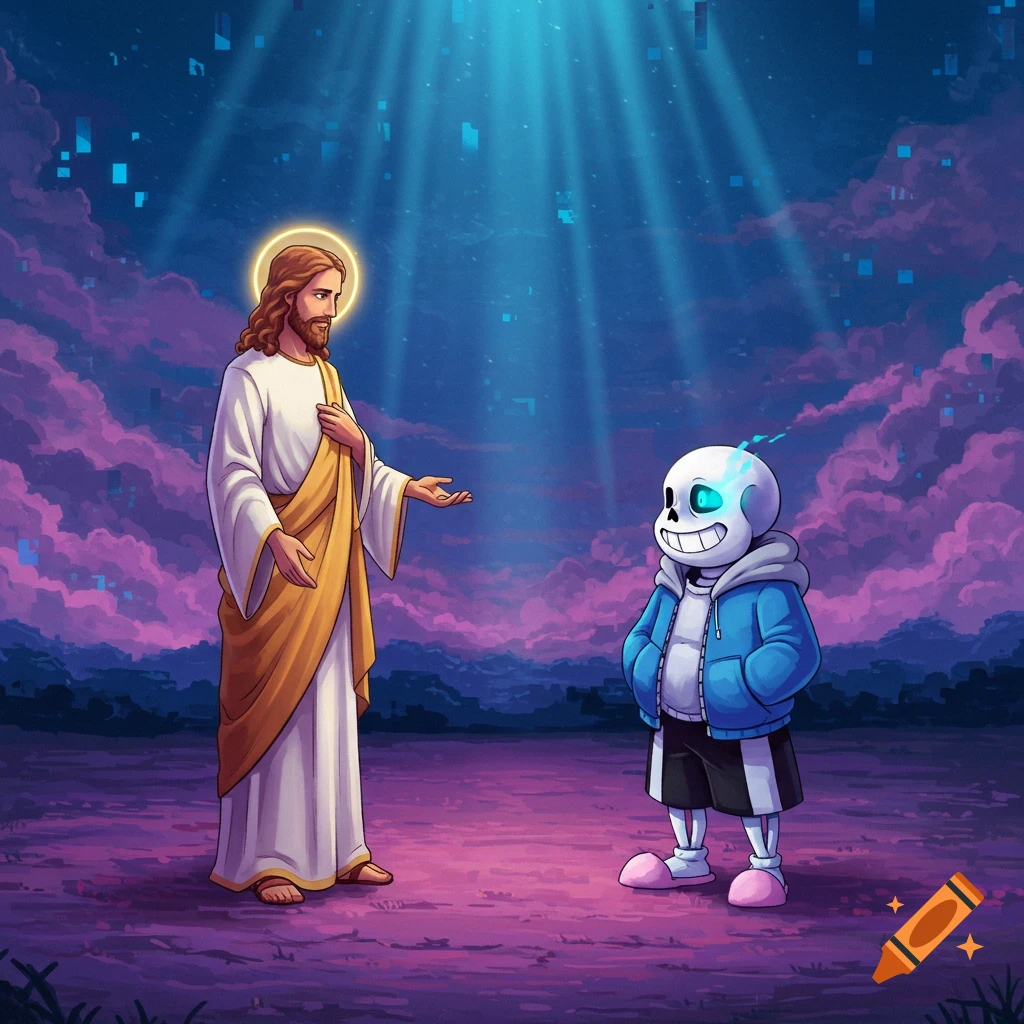 Jesus Christ and Sans from Undertale meet in a vibrant, fantastical landscape with pixelated elements.