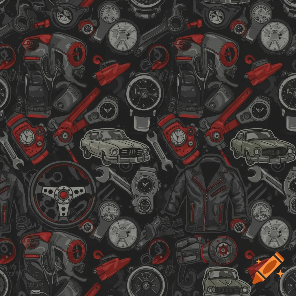 Seamless retro-style pattern with classic cars, leather jackets, wristwatches, steering wheels, and wrenches in black, gray, steel, and red.