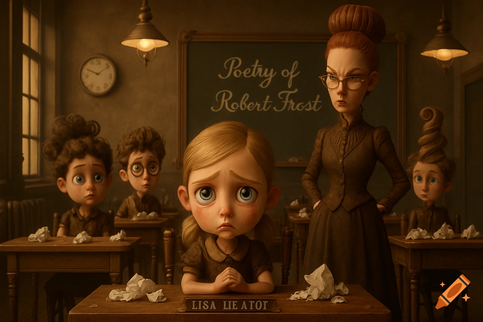A stylized 3D animation of a classroom scene with a sad blonde girl at her desk, watched by a stern teacher and other students.