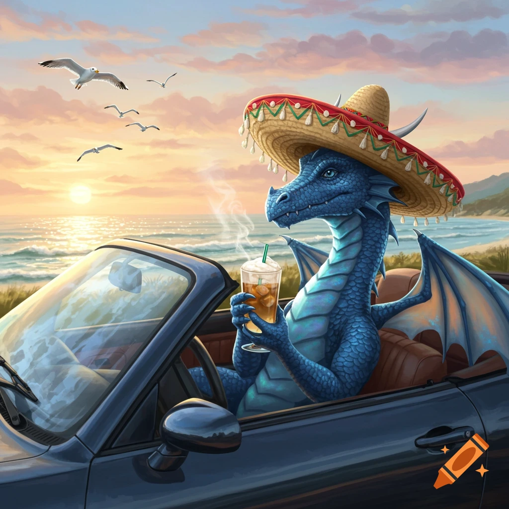 A blue dragon wearing a sombrero drives a convertible along a beach at sunset, holding an iced coffee with cream and a straw. Seagulls fly overhead.