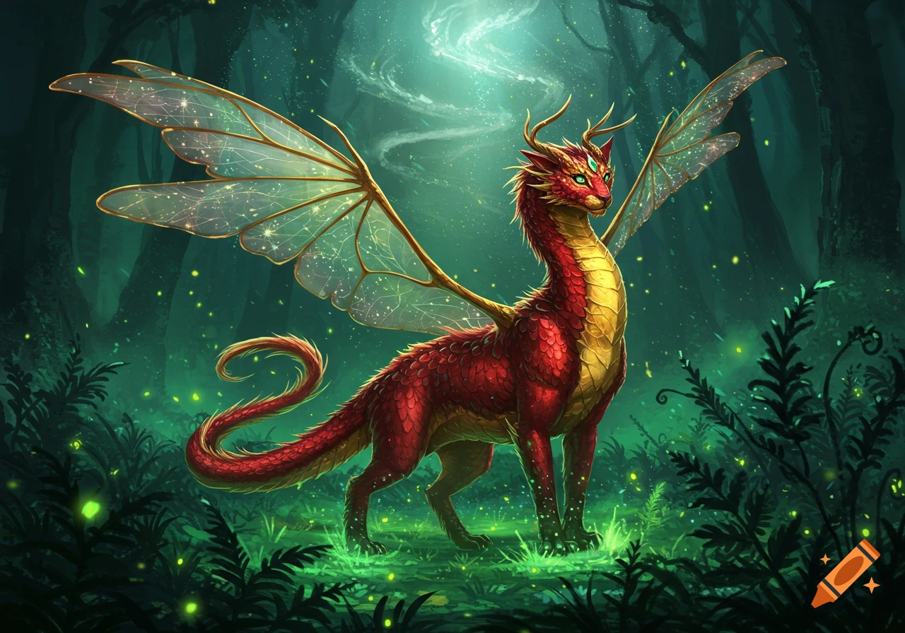 A vibrant red and gold dragon with delicate, glowing wings stands in a magical, dark forest with sparkling flora.