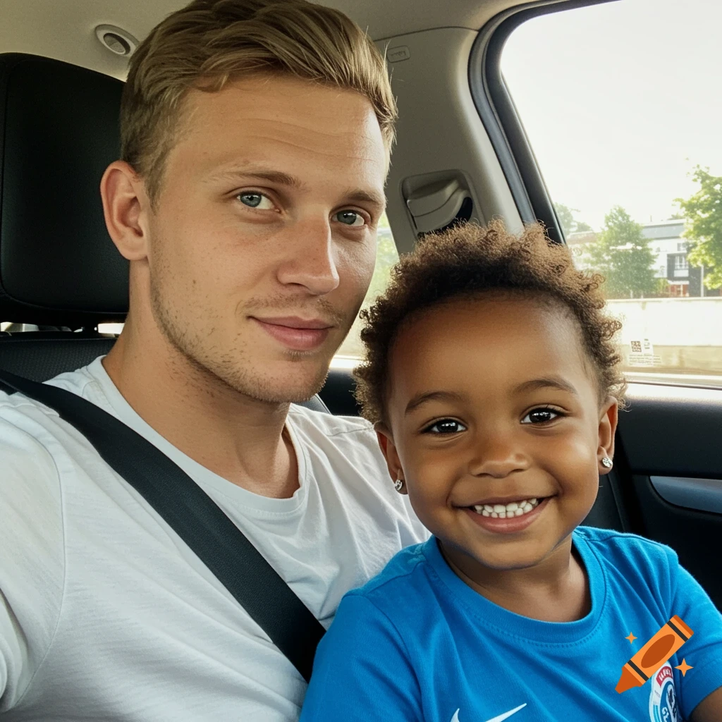 A smiling blonde man with blue eyes and a smiling child with curly dark hair and earrings are taking a selfie in a car.