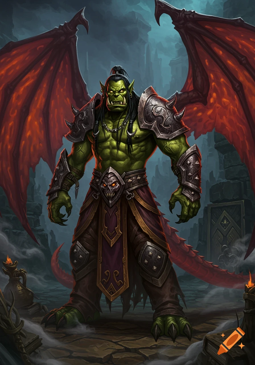 A green-skinned orc-like warrior with red dragon wings, dark armor, and glowing eyes stands in a dark fantasy setting.
