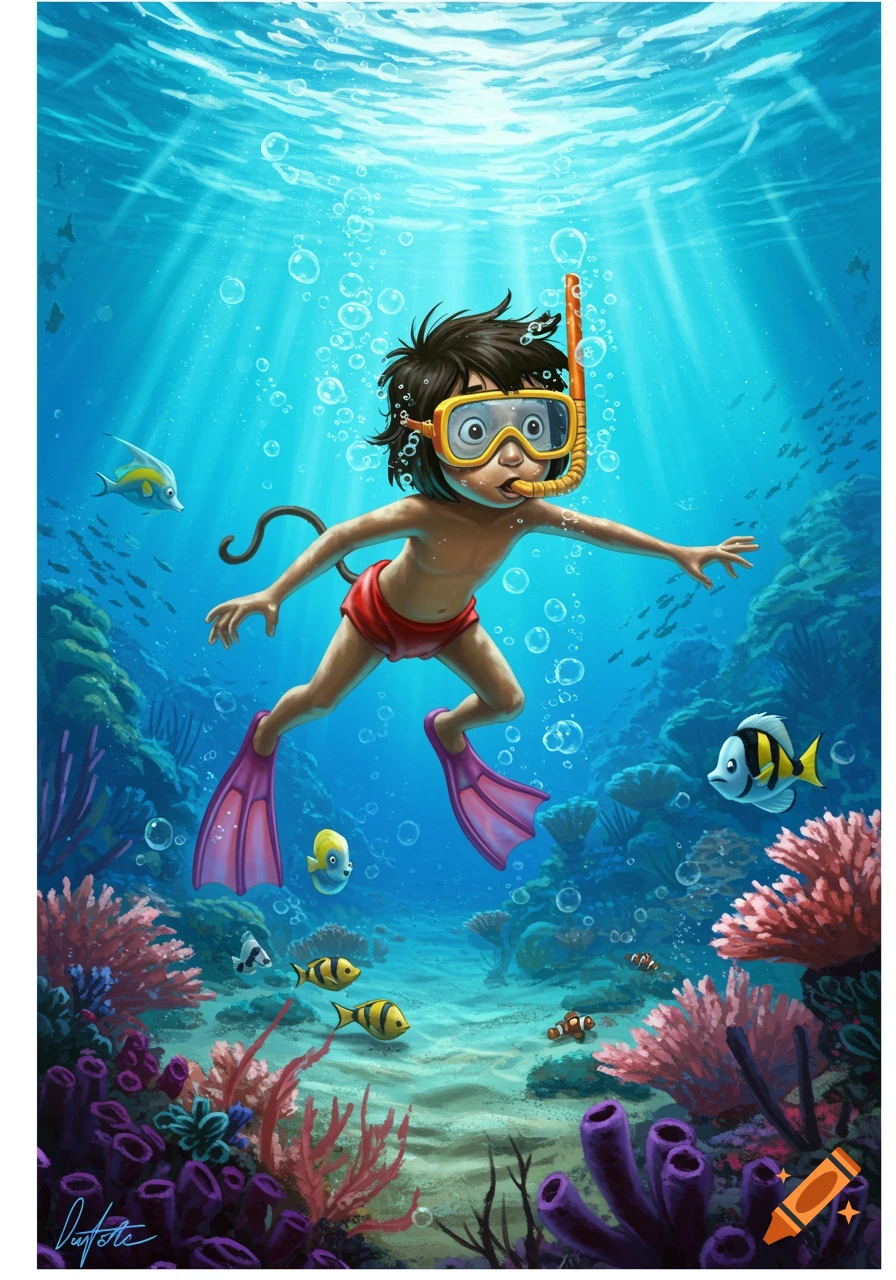 Cartoon illustration of a boy resembling Mowgli snorkeling underwater among colorful fish and vibrant coral reefs.
